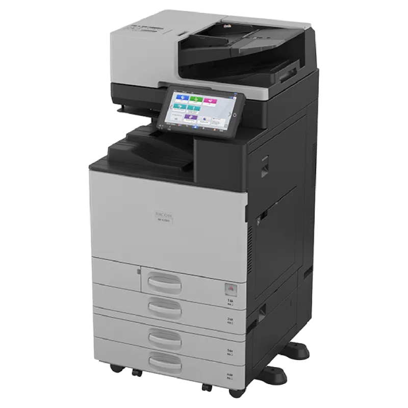 Máy photocopy Ricoh IM C2010 góc nghiêng với 4 khay giấy và màn hình cảm ứng