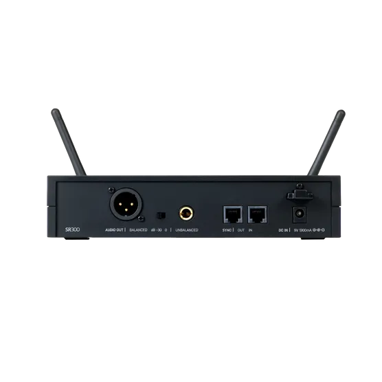 Đầu thu SR300 — cổng XLR balanced, rack-mountable, màn hình LCD hiển thị kênh và cường độ tín hiệu Đầu thu SR300 của AKG DMS300 với 2 anten cố định và màn hình LCD