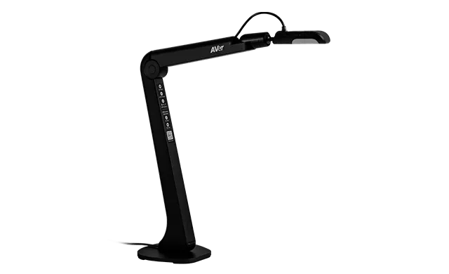 AVerVision M5 với cánh tay cơ học mở và đầu camera xoay 360° Máy soi vật thể AVer AVerVision M5 nhìn từ phía trước, cánh tay mở hoàn toàn