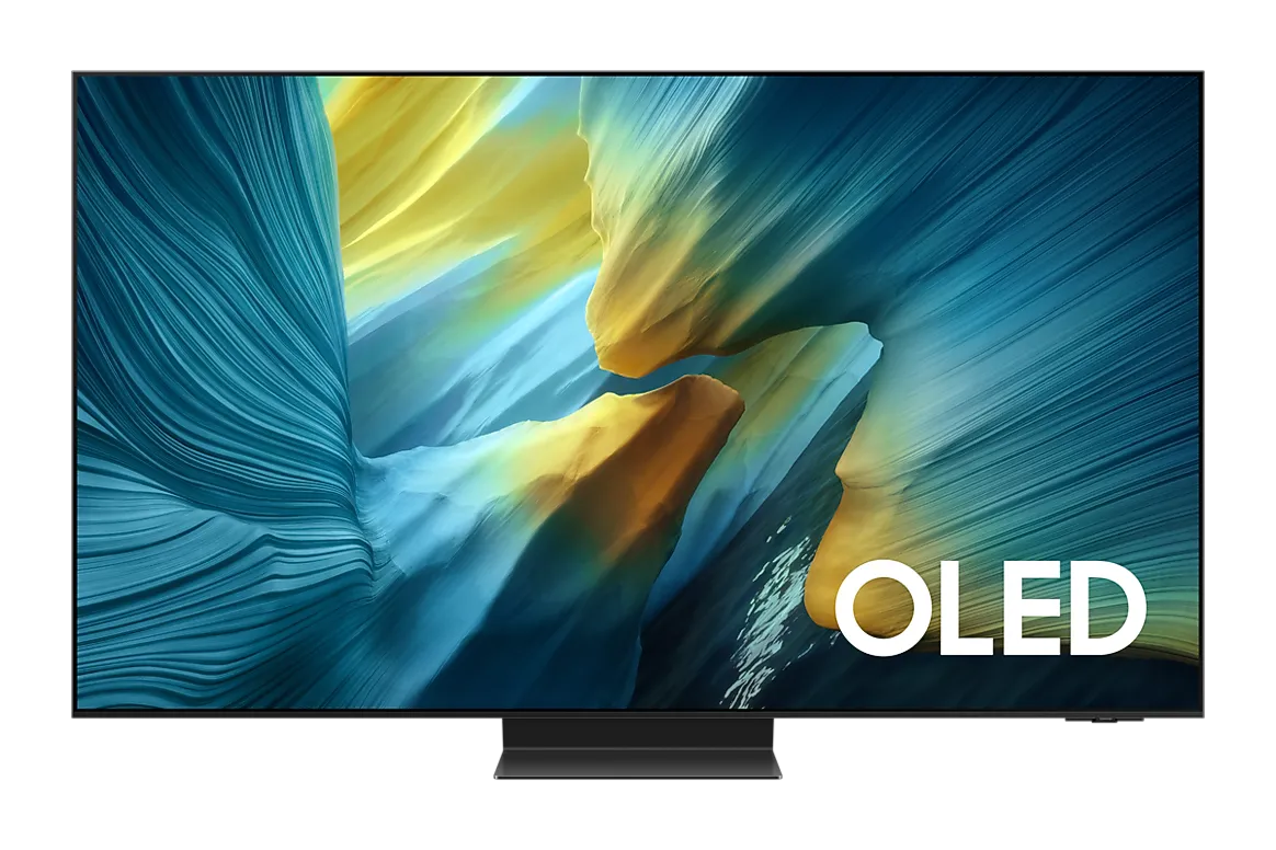 Tivi Samsung OLED S95F 65 inch với màn hình Glare Free 4K Tivi Samsung OLED 65 inch S95F QA65S95FAKXXV đặt trong phòng họp doanh nghiệp