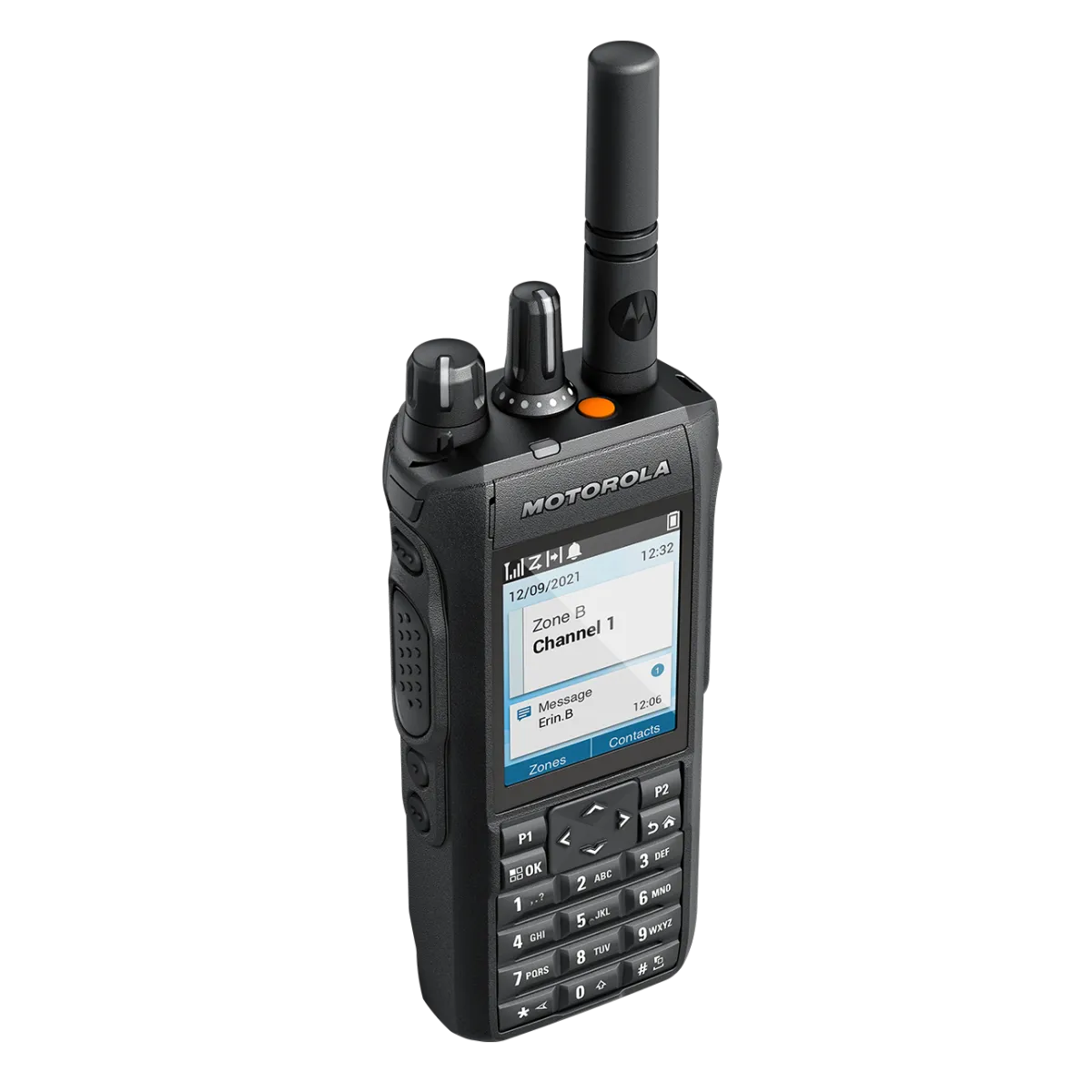 MOTOTRBO R7 thiết kế ergonomic tốt cho ca dài Motorola MOTOTRBO R7 góc nghiêng bên trái thiết kế ergonomic