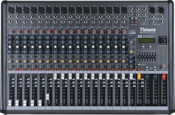 Bố cục mặt máy THINUNA MX-F16 — fader 100mm và núm EQ rõ ràng theo từng kênh Mặt trước bàn mixer THINUNA MX-F16 16 kênh với fader 100mm và EQ 4 dải