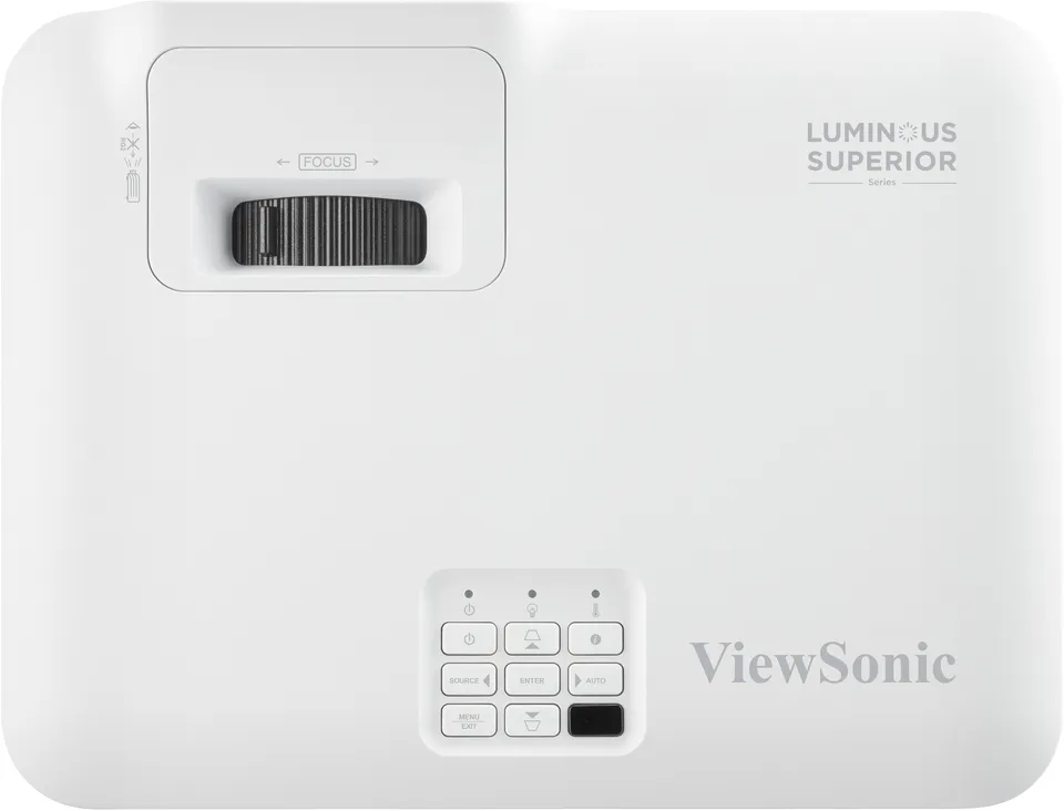 Bố trí nút chỉnh và ống kính short throw trên ViewSonic LS711W Mặt trên máy chiếu siêu gần ViewSonic LS711W với bảng nút điều khiển