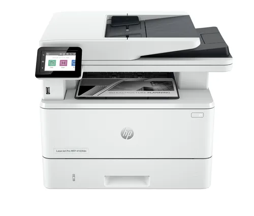 Máy in HP LaserJet Pro 4103fdn cho văn phòng doanh nghiệp Máy in HP LaserJet Pro 4103fdn nhìn từ mặt trước với màn hình cảm ứng