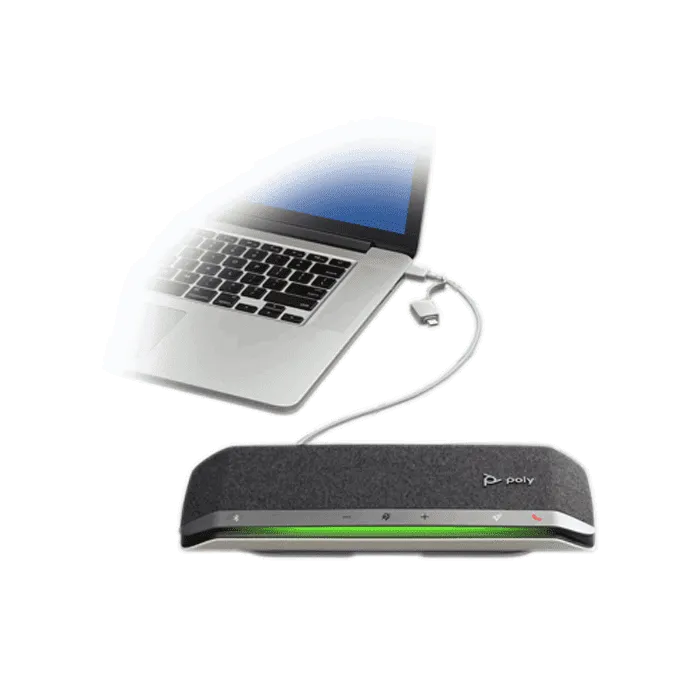 Poly Sync 40 kết nối nhanh với laptop bằng cáp USB liền và dải nút điều khiển Loa hội nghị Poly Sync 40 kết nối laptop qua cáp USB-A USB-C