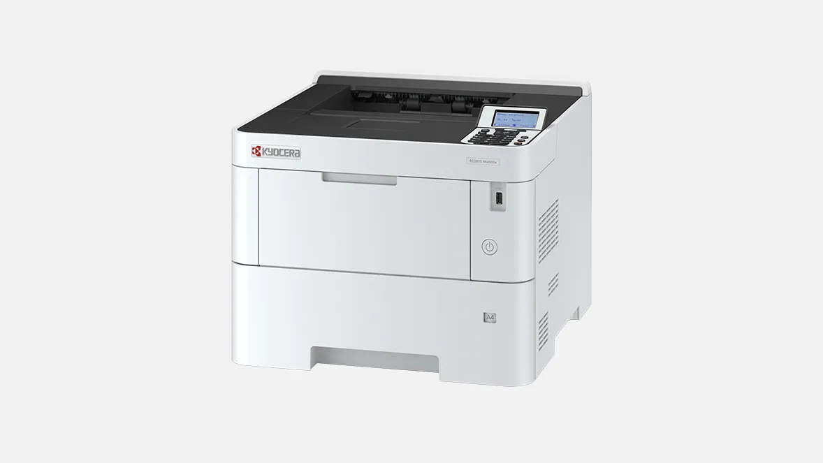 Khay giấy chuẩn 500 tờ của máy in Kyocera PA4500x Máy in Kyocera PA4500x góc nghiêng cho thấy khay giấy 500 tờ