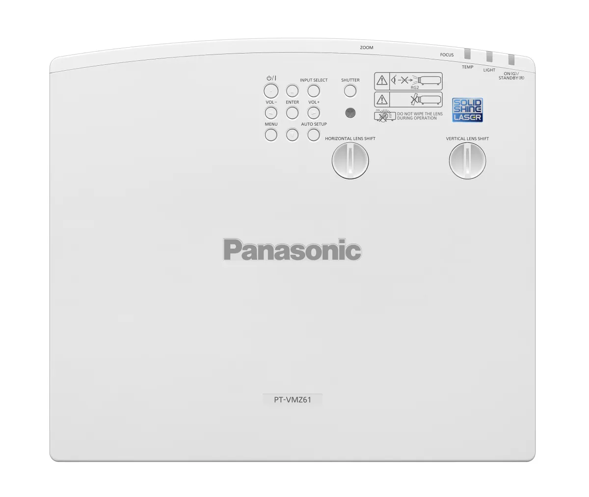 Mặt trên máy chiếu Panasonic PT-VMZ61 với cụm điều khiển và cổng kết nối Máy chiếu Panasonic PT-VMZ61 nhìn từ trên cao