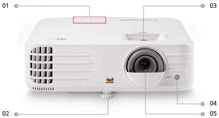 ViewSonic PX701-4K thiết kế gọn cho phòng khách gia đình Mặt trước máy chiếu ViewSonic PX701-4K với ống kính và nút điều khiển