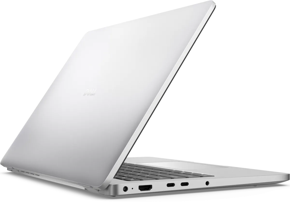Góc nghiêng Dell Pro 14 PC14250 với cổng Thunderbolt 4 và HDMI 2.1 Dell Pro 14 PC14250 nhìn nghiêng cho thấy cổng HDMI Thunderbolt và độ mỏng