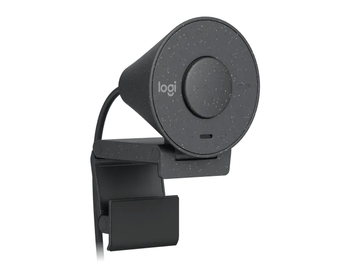 Webcam Logitech Brio 305 thiết kế gọn cho bàn làm việc Webcam Logitech Brio 305 màu graphite kẹp trên màn hình họp doanh nghiệp