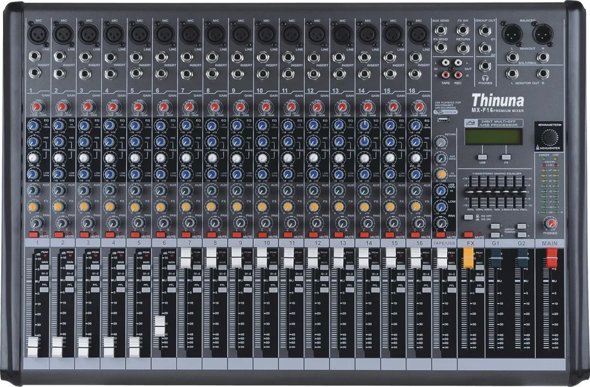 THINUNA MX-F16 — bàn mixer 16 kênh với module effect 256 loại và cổng USB Bàn trộn mixer THINUNA MX-F16 16 kênh USB effect nhìn tổng thể