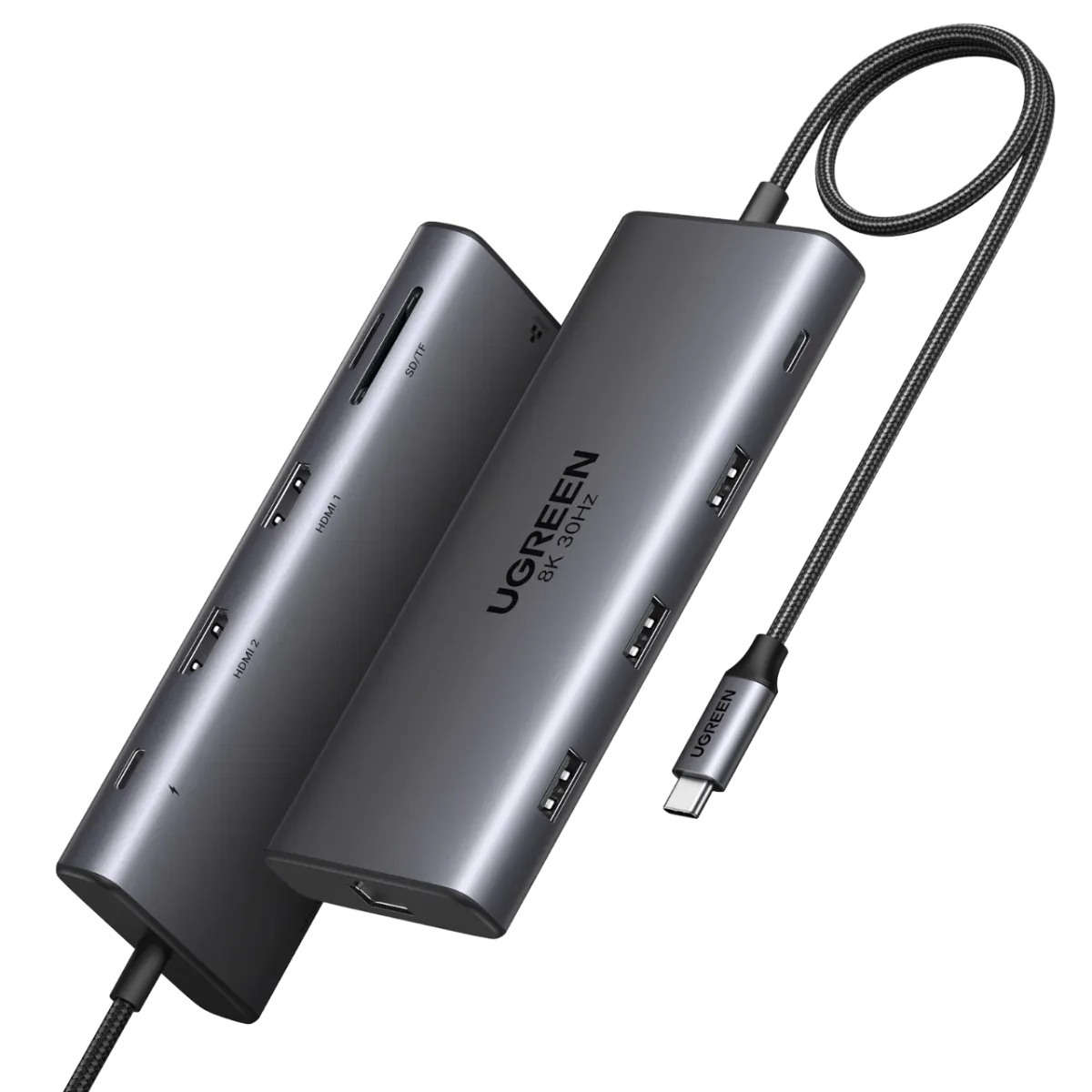 Cable tích hợp 30cm vỏ nylon của Revodok Pro 210 Cable USB-C tích hợp dài 30cm trên UGREEN Revodok Pro 210 với vỏ bọc nylon chắc chắn