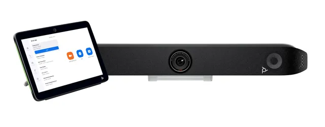 Poly Studio X52 lắp đặt gọn trong phòng họp vừa Poly Studio X52 video bar 4K gắn dưới màn hình trong phòng họp video conference