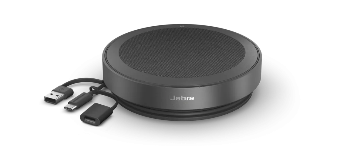 Jabra Speak2 75 với cáp tích hợp cả USB-A và USB-C Cáp USB-A và USB-C tích hợp trên loa hội nghị Jabra Speak2 75