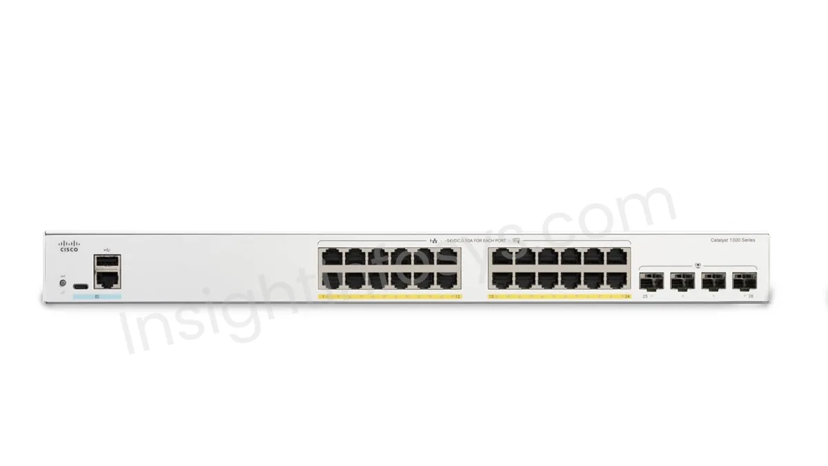 Panel trước Cisco C1300-24P-4G — 24 cổng PoE+ và 4 SFP uplink Mặt trước Cisco Catalyst 1300 C1300-24P-4G 24 cổng RJ45