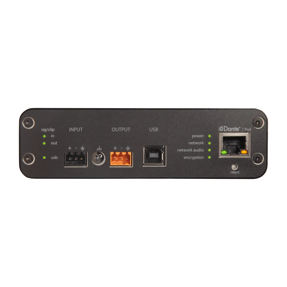 Cổng Dante/PoE+ và USB của Shure MXA902 — kết nối một cáp Cổng kết nối Dante PoE USB của Shure MXA902 trên bộ giao tiếp mạng