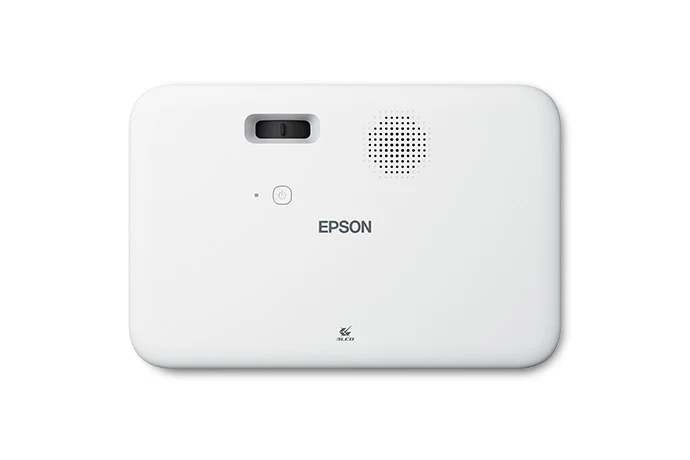 Mặt trên máy chiếu Epson CO-FH02 - loa tích hợp 5W, nút nguồn và công nghệ 3LCD