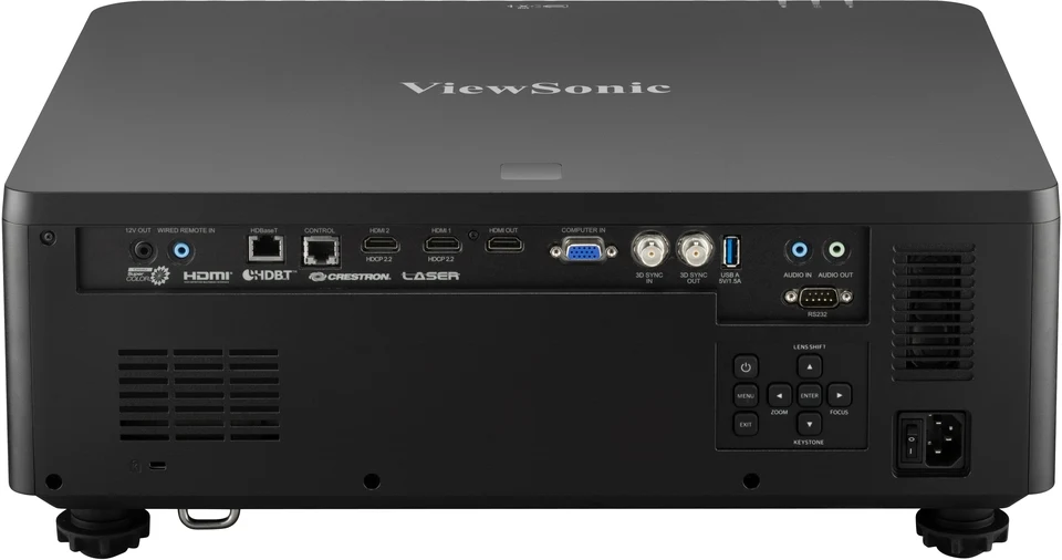 Cổng kết nối máy chiếu ViewSonic LS960WU - HDBaseT, 2 HDMI 2.0 HDCP 2.2, VGA, HDMI out, 3D Sync BNC, USB-A, RS-232, RJ45 LAN, bảng lens shift