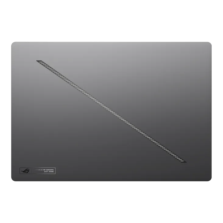 Thiết kế nắp máy đèn Slash Lighting của ROG Zephyrus G16 GU605 ASUS ROG Zephyrus G16 2025 GU605 nhìn từ trên với đèn Slash Lighting