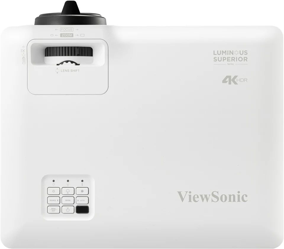 Mặt trên máy chiếu ViewSonic LS901-4K - núm Lens Shift, vòng Zoom/Focus, bảng điều khiển 4K HDR