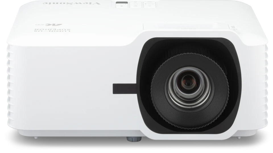 Máy chiếu ViewSonic LSD500-4K Laser 4K UHD 5000 ANSI Lumens - mặt trước, ống kính zoom quang 1.6x, huy hiệu 4K HDR