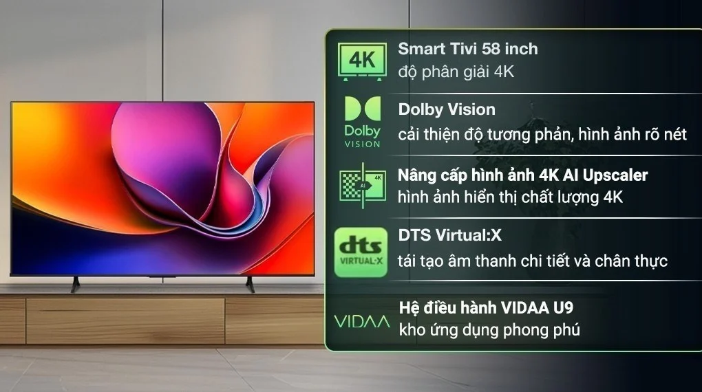 Tivi Hisense 4K 58 inch 58A6Q - màn lớn, viền mỏng cho phòng khách