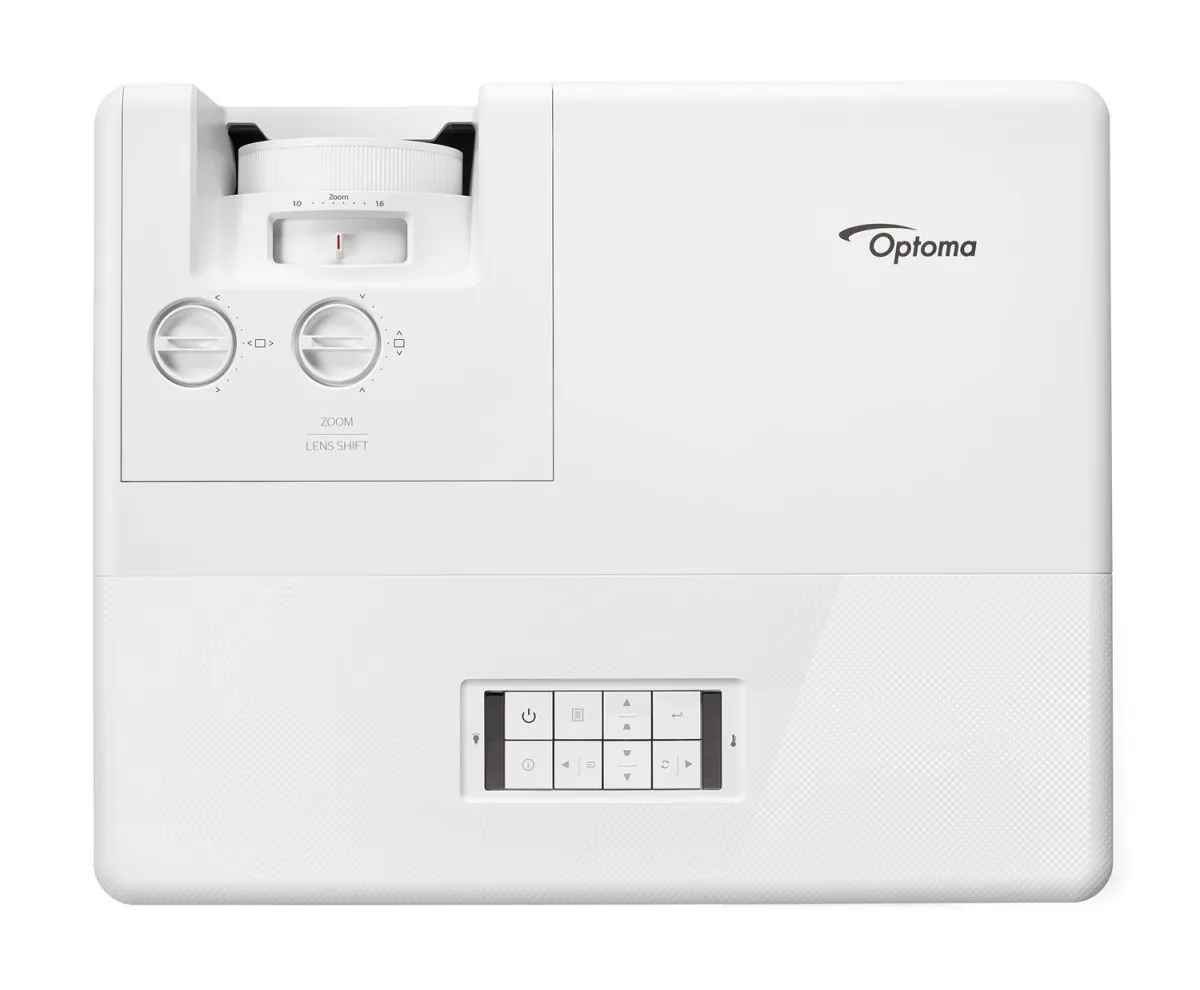 Ống kính và núm chỉnh tay của máy chiếu Optoma ZU707T Máy chiếu Optoma ZU707T nhìn chính diện với ống kính và núm chỉnh zoom