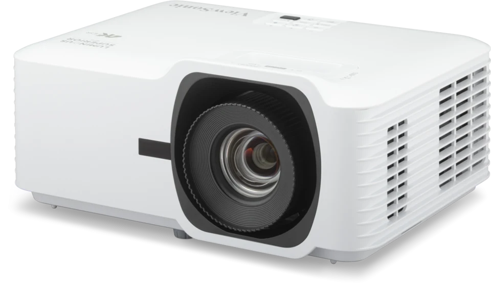 Máy chiếu ViewSonic LSD500-4K góc nghiêng trái - thân trắng, khe tản nhiệt, nguồn sáng Laser thế hệ 3 native 4K