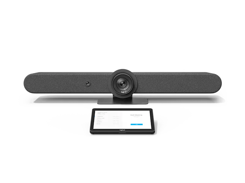 Logitech Rally Bar góc nghiêng thể hiện dàn micro và loa