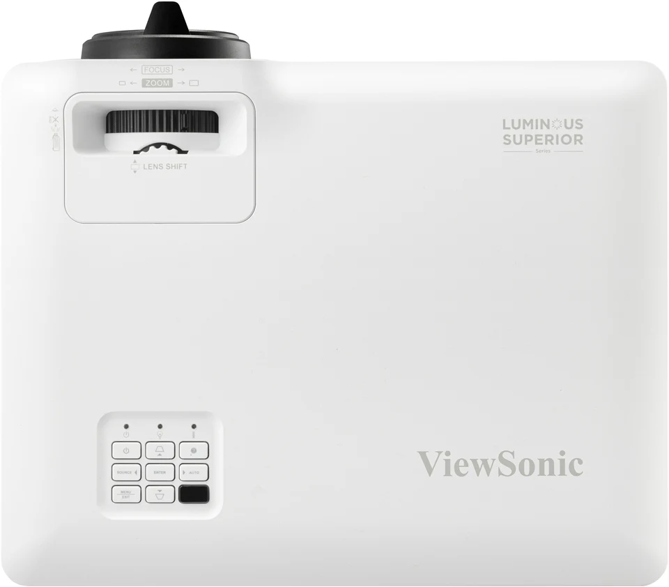 Mặt trên máy chiếu ViewSonic LS901HD - núm Lens Shift dọc, vòng Zoom/Focus, bảng điều khiển