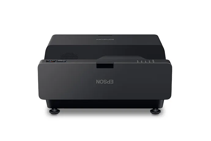 Cửa chiếu siêu gần phía trên thân máy Epson EB-775F Máy chiếu Epson EB-775F mặt trước có chân đế, lộ cửa chiếu siêu gần phía trên