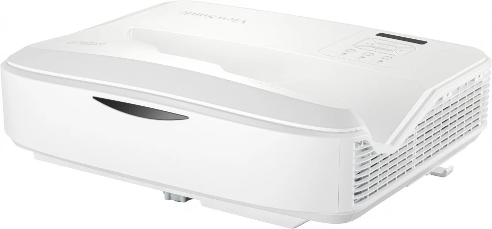 Máy chiếu ViewSonic LS832WU góc nghiêng trái - ống kính siêu gần chiếu hắt lên, nguồn sáng Phosphor Laser