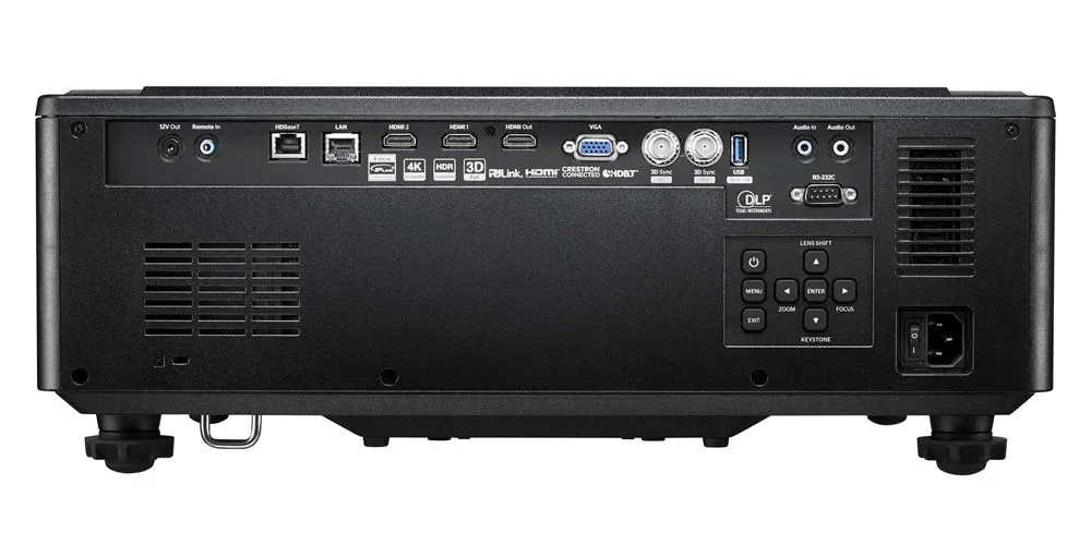Cụm cổng kết nối phía sau máy chiếu Optoma ProScene ZU725TST Mặt sau máy chiếu Optoma ZU725TST với cổng HDMI, HDBaseT, LAN, VGA