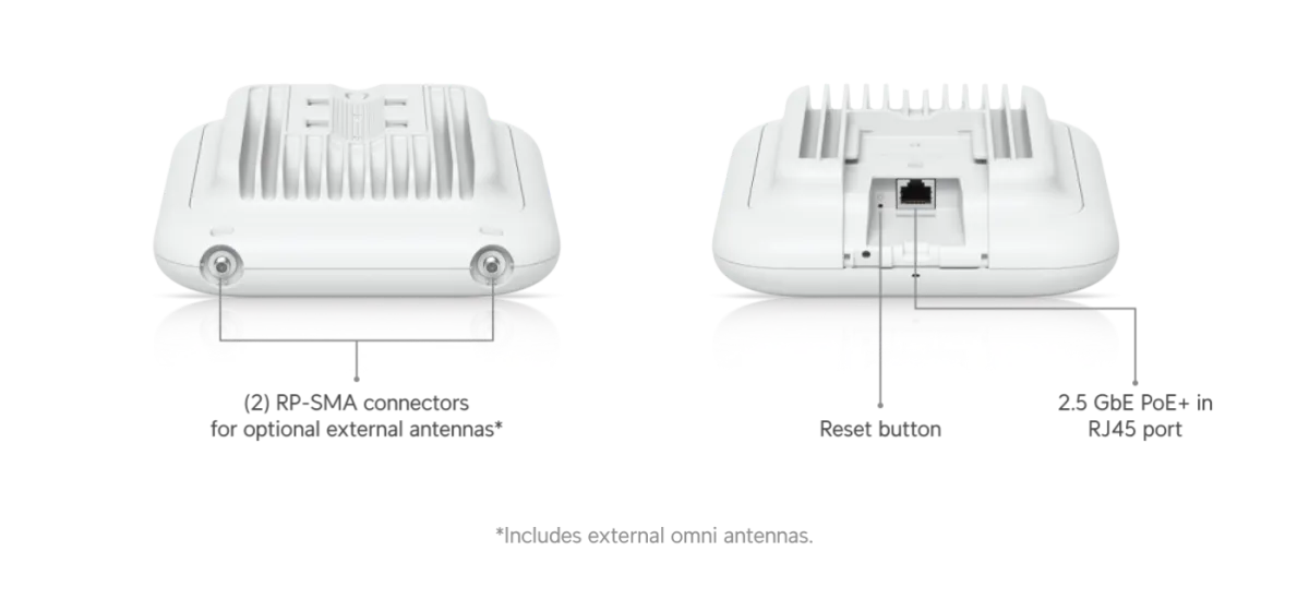 UniFi U7 Outdoor - cổng uplink 2.5GbE, cấp nguồn PoE+ Mặt sau UniFi U7 Outdoor với cổng 2.5GbE