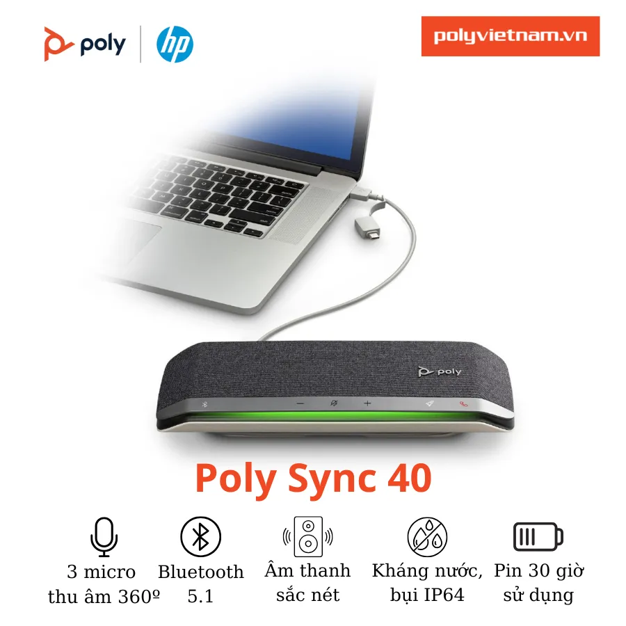 Poly Sync 40 - pin 30 giờ, USB-A/USB-C, Bluetooth, IP64 Poly Sync 40 pin tích hợp và kết nối USB-C