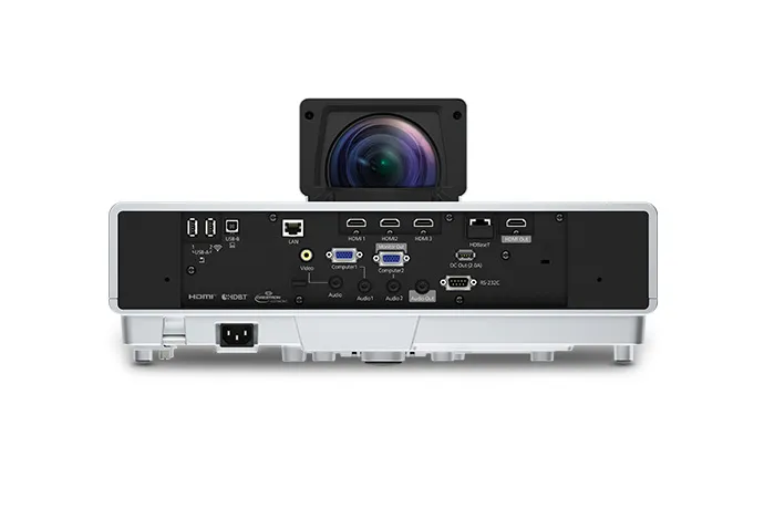Cụm cổng kết nối phong phú phía sau máy chiếu Epson EB-800F Bảng cổng kết nối mặt sau Epson EB-800F: 3 HDMI, LAN, HDBaseT, VGA