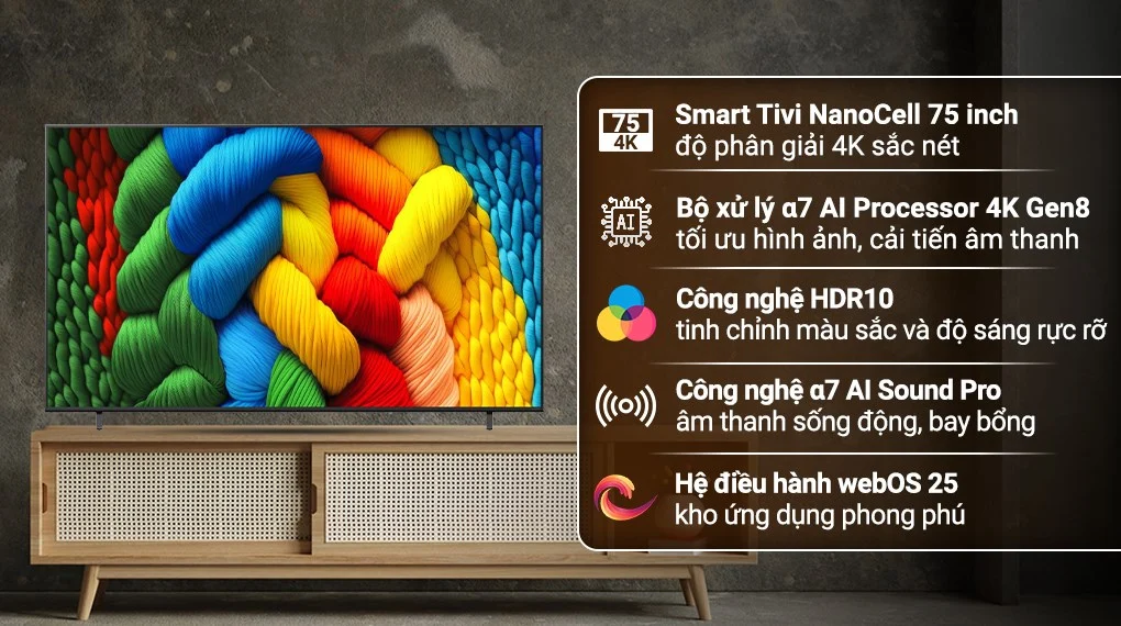 Smart Tivi LG NanoCell 75 inch 75NANO80ASA 4K - màn khổng lồ viền mỏng, màu Nano sống động