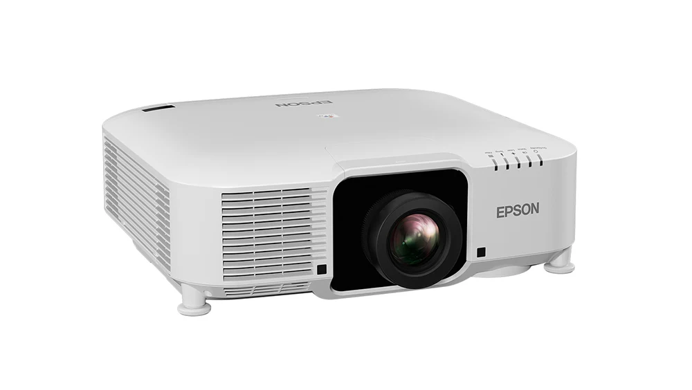 Máy chiếu Epson EB-PU1007W góc nghiêng - thân trắng installation nhỏ gọn, ống kính rời lens shift điện