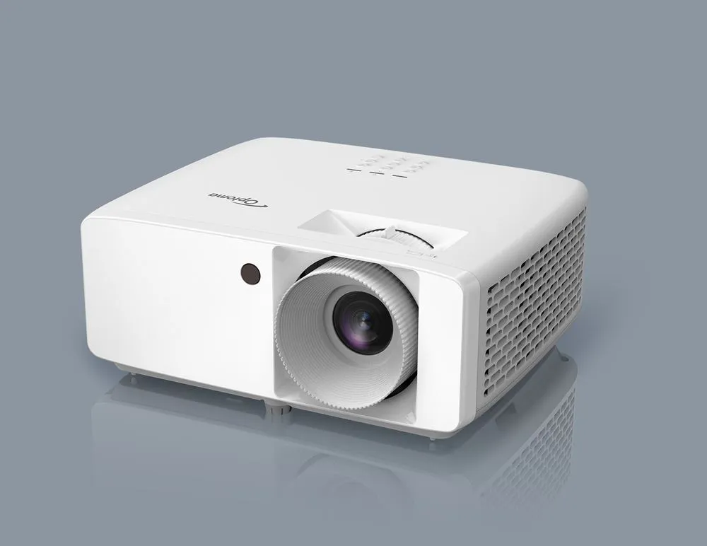 Máy chiếu Optoma ZX350e DLP laser XGA 3.700 lumens giáo dục Máy chiếu Optoma ZX350e nhìn nghiêng góc 3/4 lộ ống kính và bảng điều khiển
