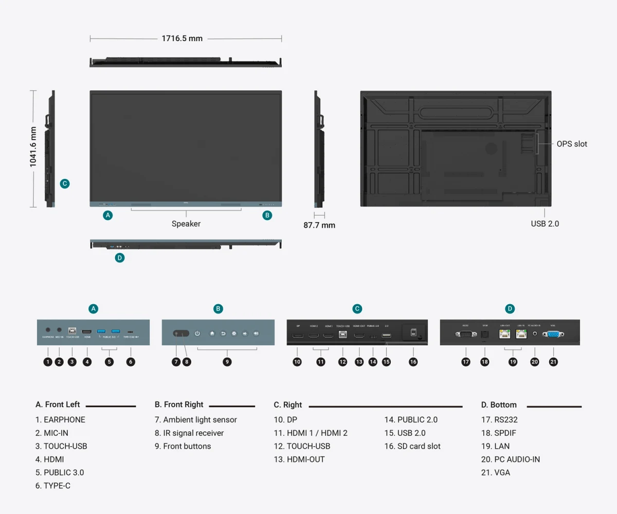 Màn hình tương tác BenQ Board RE7504FV2 75 inch 4K UHD Android 14 EDLA camera tích hợp chính diện