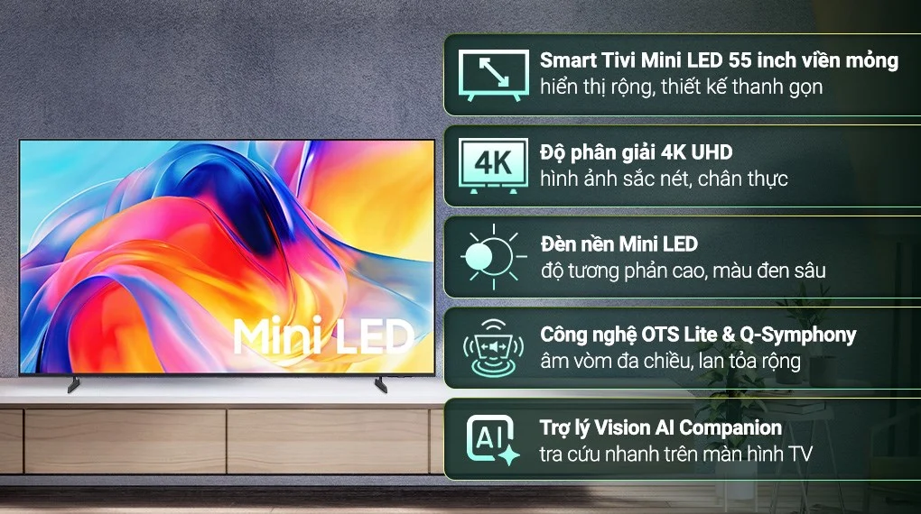 Tivi Samsung Mini LED 4K 55 inch UA55M77HA - thiết kế viền mỏng cho phòng khách