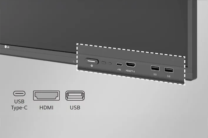 Cổng kết nối mặt trước LG CreateBoard Pro 75TR3PN-B – USB, HDMI, USB-C đủ loại