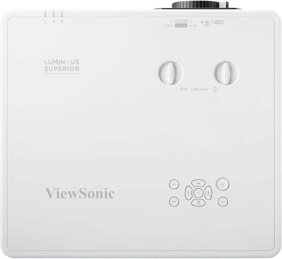 Máy chiếu ViewSonic LSC801WU nhìn từ trên - núm Lens Shift ngang/dọc, Focus/Zoom, Luminous Superior Series