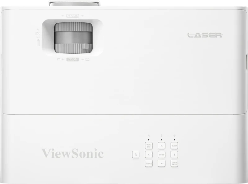 Mặt trên máy chiếu ViewSonic LX750-4K - vòng chỉnh zoom/focus, badge LASER, bàn phím điều khiển