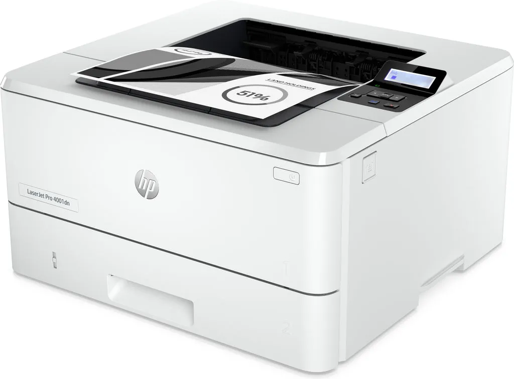 Khay giấy tiêu chuẩn 350 tờ, mở rộng tối đa 900 tờ qua khay thứ 3 HP LaserJet Pro 4001dn – góc nhìn bên cạnh và khay giấy 350 tờ