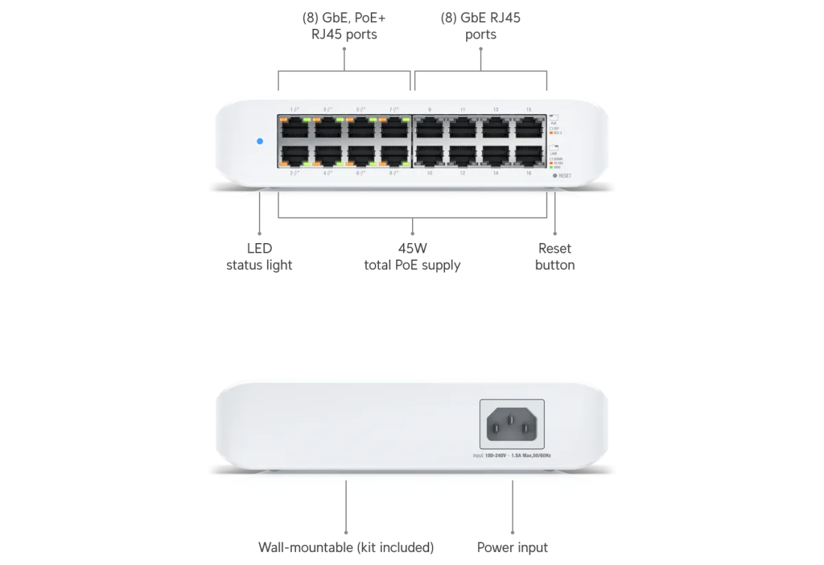 UniFi Switch Lite 16 PoE thiết kế không quạt