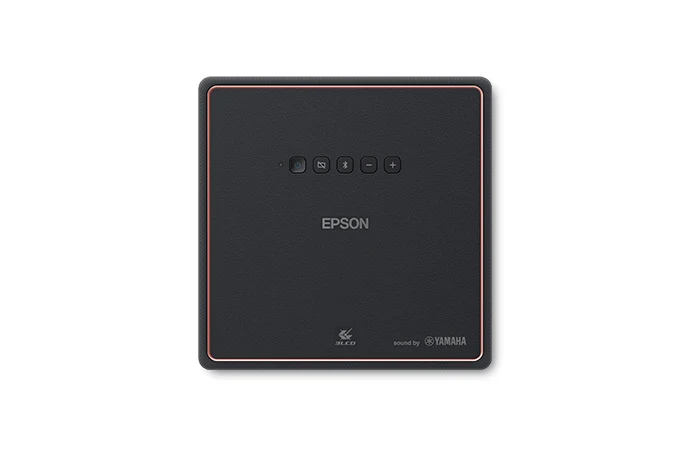 Mặt trên máy chiếu Epson EF-12 - logo 3LCD, sound by Yamaha, nút nguồn Bluetooth và chỉnh âm lượng