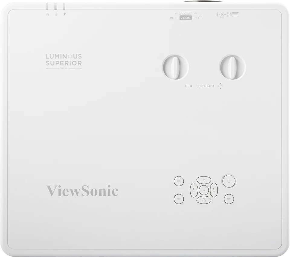 Mặt trên máy chiếu ViewSonic LSC601WU - núm lens shift ngang & dọc, vòng zoom/focus, bảng điều khiển