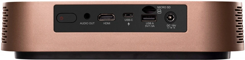 Cụm cổng máy chiếu ViewSonic M2W nhìn thẳng - HDMI 1.4, USB-C, USB-A 5V/1.5A, Audio Out 3.5mm, Micro SD
