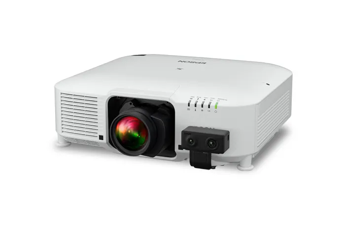 Epson EB-PQ2008W với camera căn chỉnh tự động cho ghép viền Máy chiếu Epson EB-PQ2008W vỏ trắng gắn camera PixAlign nhìn từ trên trái